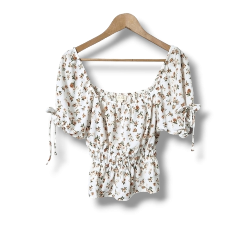 London Rose Floral Print Puff Sleeve Peplum Peasant Style Top | Medium